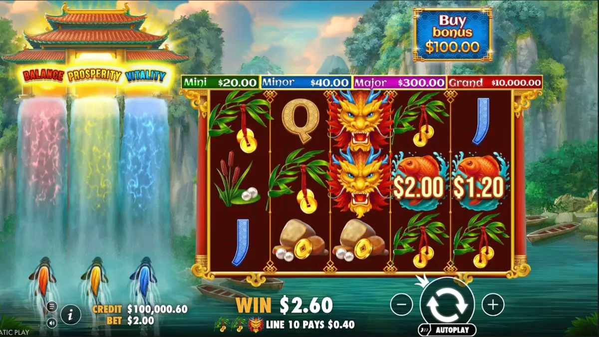 Pemandangan visual slot Dragon’s Gate Bonus Choice dengan naga emas dan air terjun
